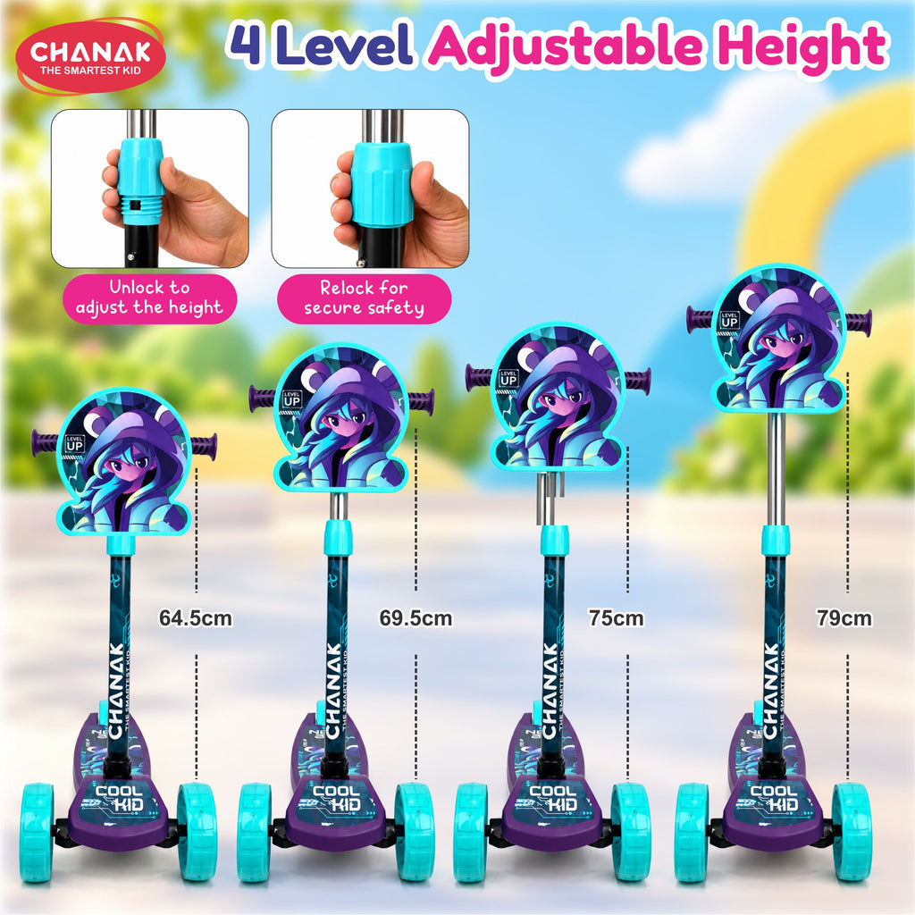 Chanak 3 Wheel Kick Scooter for Kids, Adjustable Handlebar Kids Scooter with LED Wheels & Rear Brake, Ergonomic Grips with Foldable Design, Up to 50 kg, Skating Cycle for Boys & Girls 3Y+, Blue