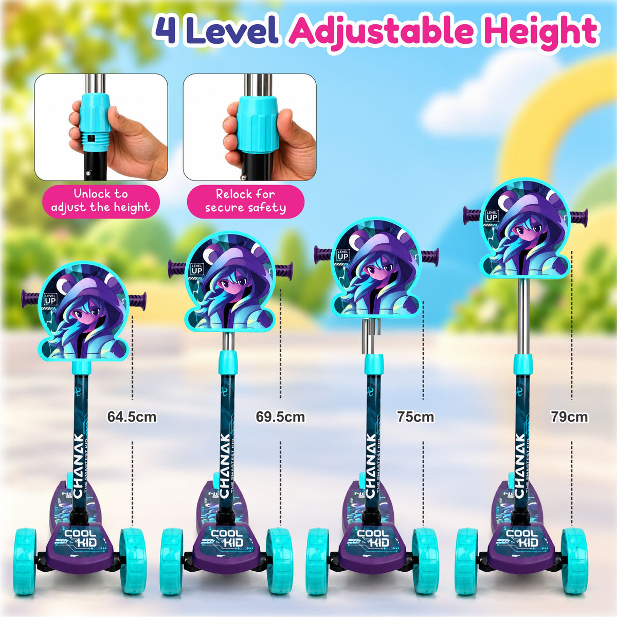 Chanak 3-Wheel Kick Scooter for Kids 3+ Years | LED Wheels, Foldable, Adjustable Handlebar & Rear Brake – BIS Approved (Blue)