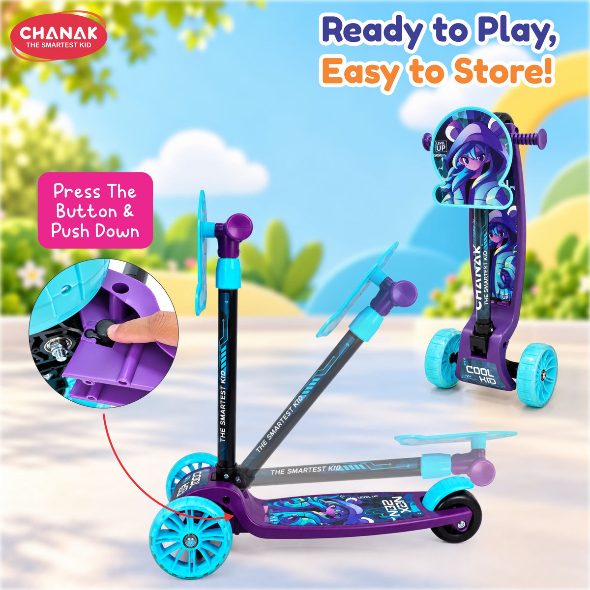 Chanak 3 Wheel Kick Scooter for Kids, Adjustable Handlebar Kids Scooter with LED Wheels & Rear Brake, Ergonomic Grips with Foldable Design, Up to 50 kg, Skating Cycle for Boys & Girls 3Y+, Blue