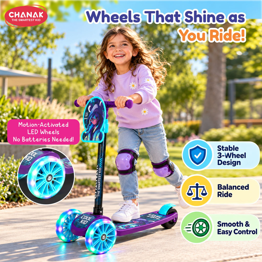 Chanak 3 Wheel Kick Scooter for Kids, Adjustable Handlebar Kids Scooter with LED Wheels & Rear Brake, Ergonomic Grips with Foldable Design, Up to 50 kg, Skating Cycle for Boys & Girls 3Y+, Blue
