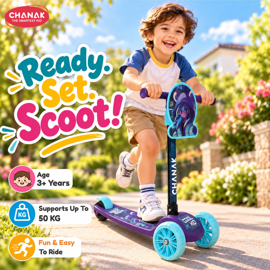 Chanak 3 Wheel Kick Scooter for Kids, Adjustable Handlebar Kids Scooter with LED Wheels & Rear Brake, Ergonomic Grips with Foldable Design, Up to 50 kg, Skating Cycle for Boys & Girls 3Y+, Blue