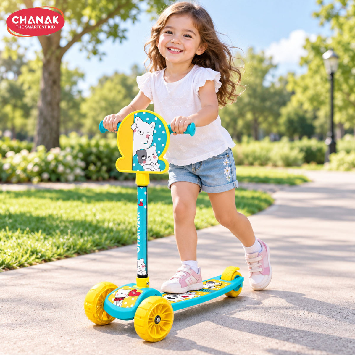 Chanak 3 Wheel Kick Scooter for Kids, Adjustable Handlebar Kids Scooter with LED Wheels & Rear Brake, Ergonomic Grips with Foldable Design, Up to 50 kg, Skating Cycle for Boys & Girls 3Y+, Yellow