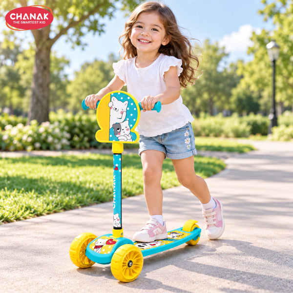 Chanak 3 Wheel Kick Scooter for Kids, Adjustable Handlebar Kids Scooter with LED Wheels & Rear Brake, Ergonomic Grips with Foldable Design, Up to 50 kg, Skating Cycle for Boys & Girls 3Y+, Yellow