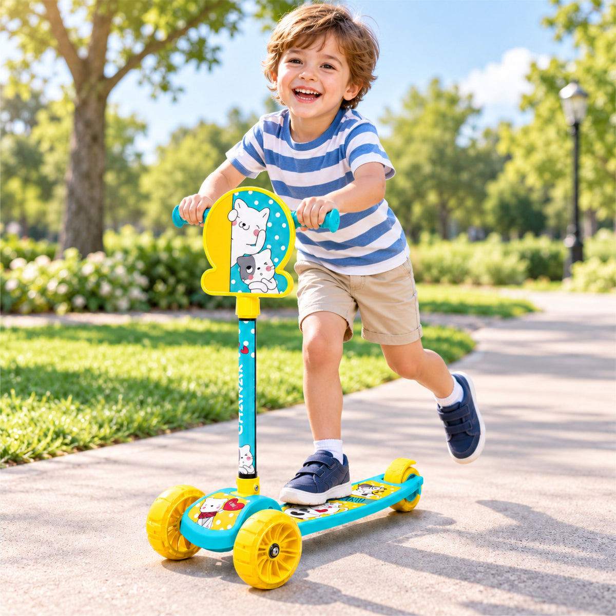 Chanak 3-Wheel Kick Scooter for Kids 3+ Years | LED Wheels, Foldable, Adjustable Handlebar & Rear Brake – BIS Approved (Yellow)