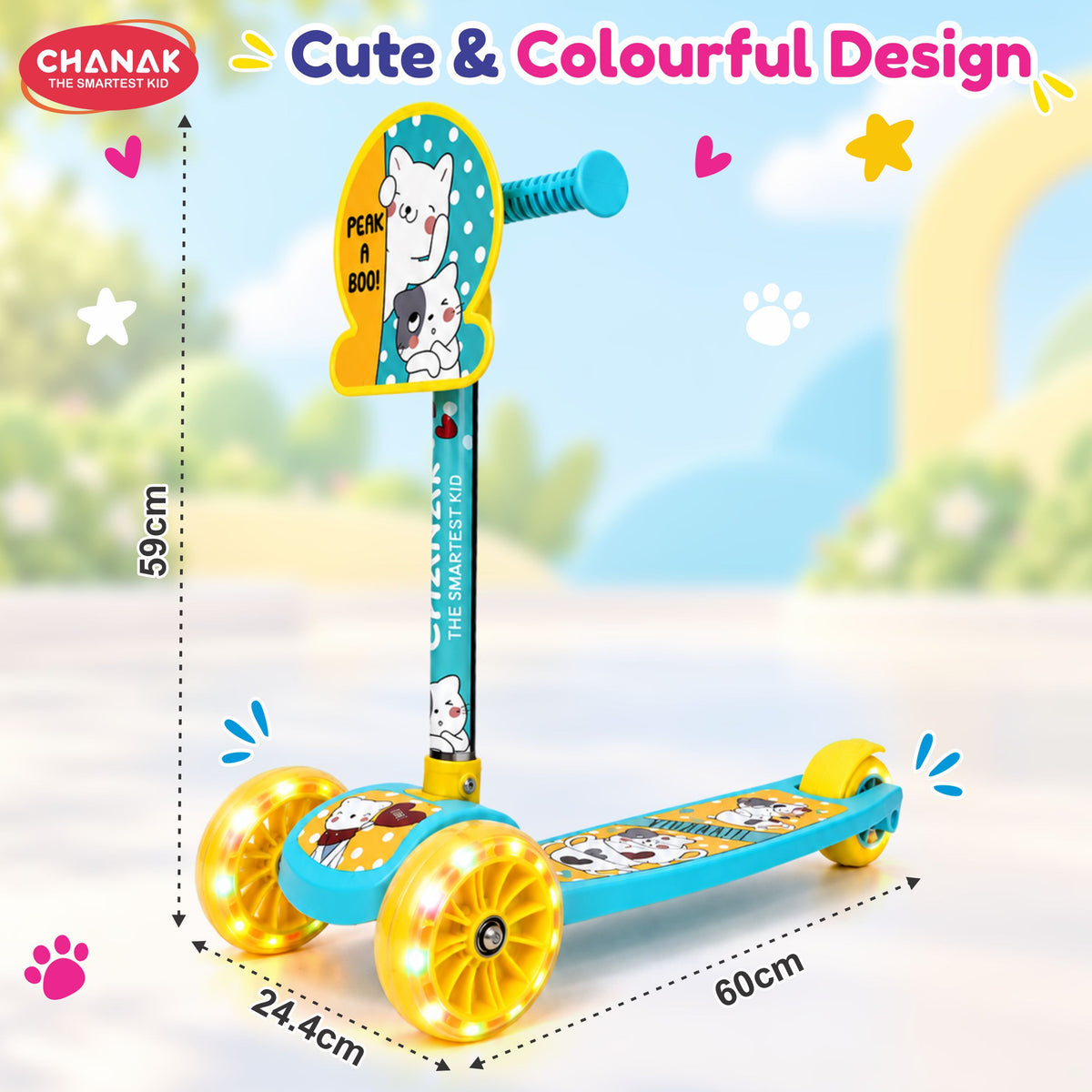 Chanak 3 Wheel Kick Scooter for Kids, Adjustable Handlebar Kids Scooter with LED Wheels & Rear Brake, Ergonomic Grips with Foldable Design, Up to 50 kg, Skating Cycle for Boys & Girls 3Y+, Yellow