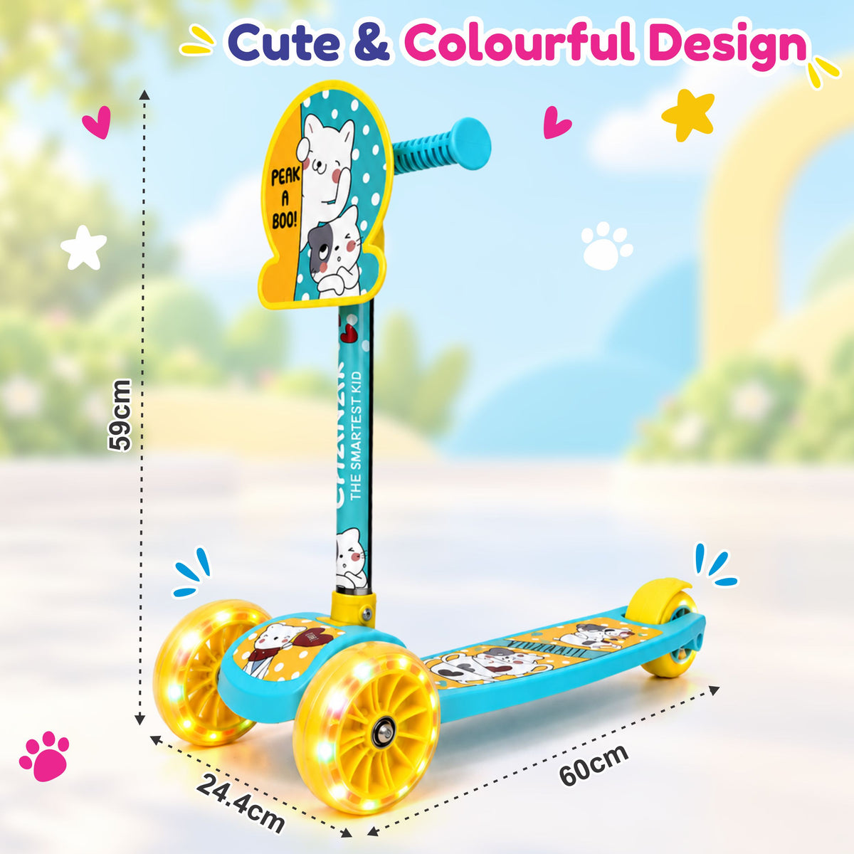Chanak 3-Wheel Kick Scooter for Kids 3+ Years | LED Wheels, Foldable, Adjustable Handlebar & Rear Brake – BIS Approved (Yellow)