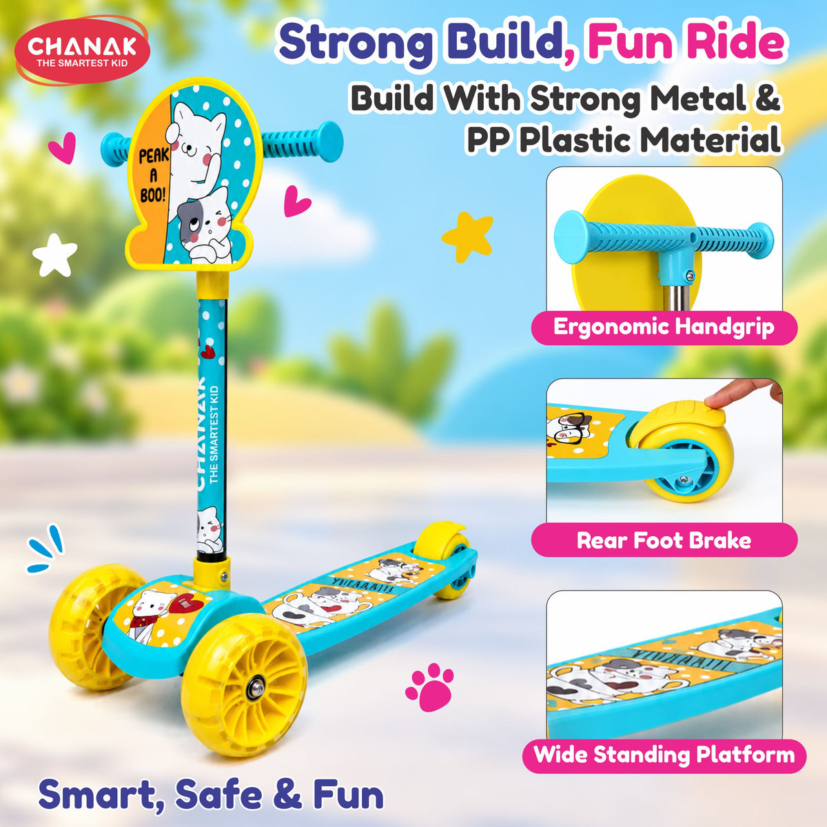 Chanak 3 Wheel Kick Scooter for Kids, Adjustable Handlebar Kids Scooter with LED Wheels & Rear Brake, Ergonomic Grips with Foldable Design, Up to 50 kg, Skating Cycle for Boys & Girls 3Y+, Yellow