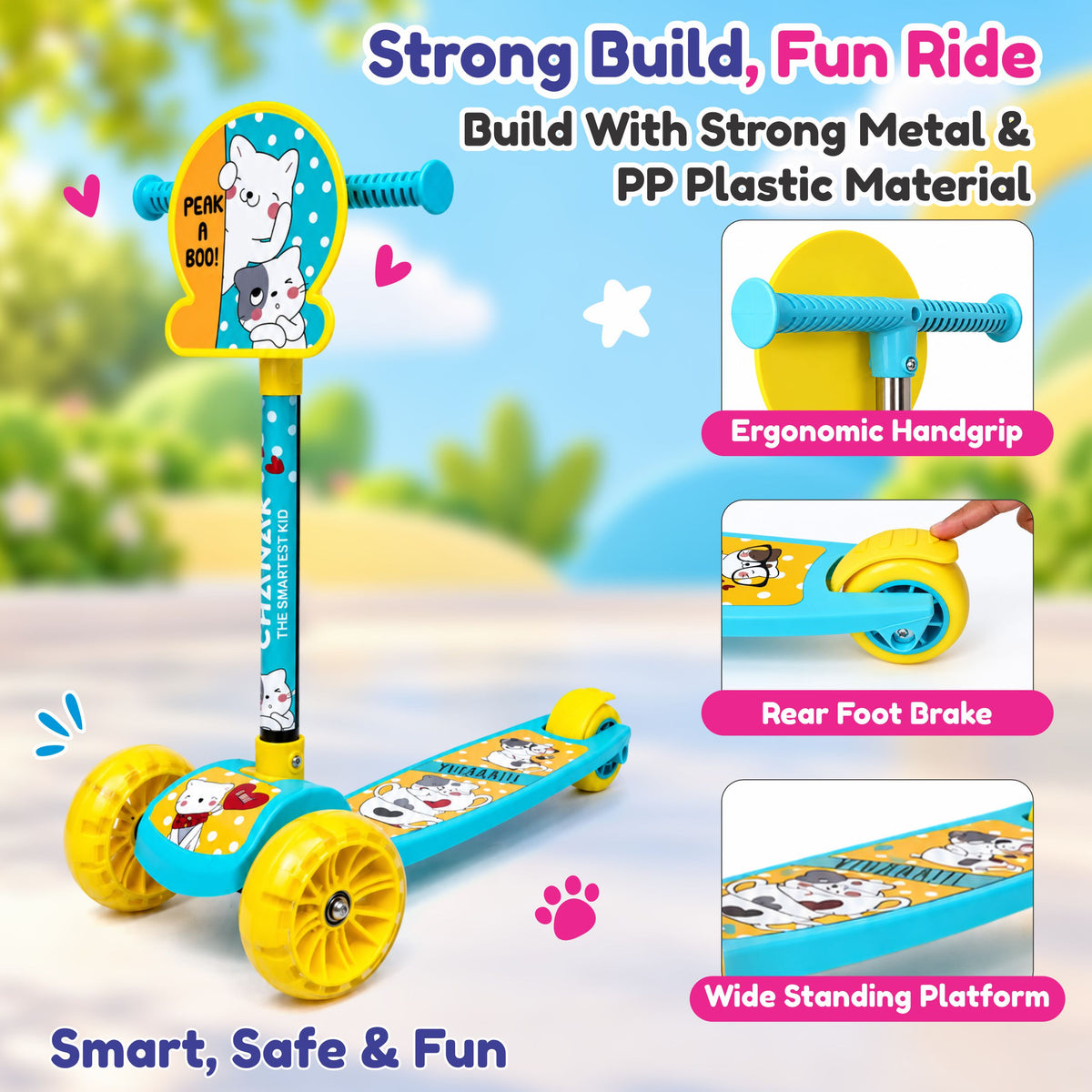 Chanak 3-Wheel Kick Scooter for Kids 3+ Years | LED Wheels, Foldable, Adjustable Handlebar & Rear Brake – BIS Approved (Yellow)