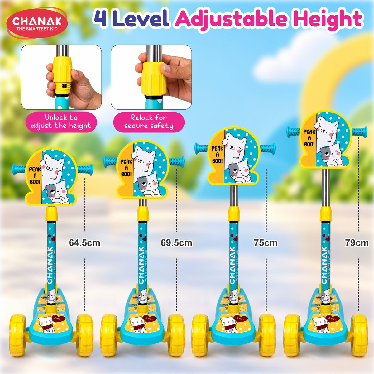Chanak 3 Wheel Kick Scooter for Kids, Adjustable Handlebar Kids Scooter with LED Wheels & Rear Brake, Ergonomic Grips with Foldable Design, Up to 50 kg, Skating Cycle for Boys & Girls 3Y+, Yellow