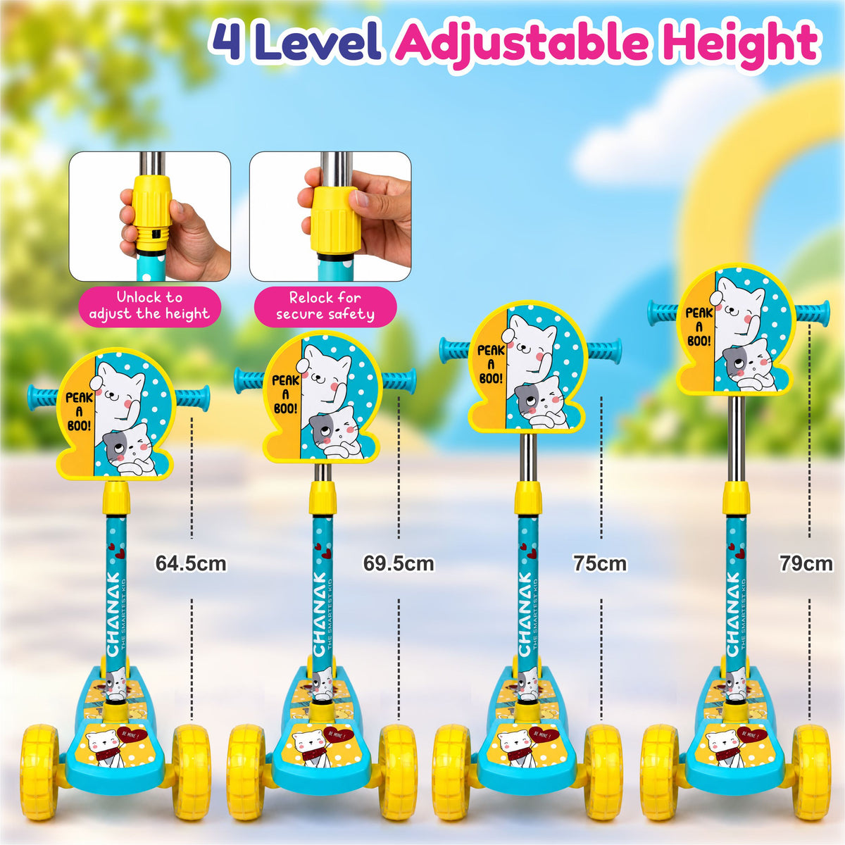 Chanak 3-Wheel Kick Scooter for Kids 3+ Years | LED Wheels, Foldable, Adjustable Handlebar & Rear Brake – BIS Approved (Yellow)