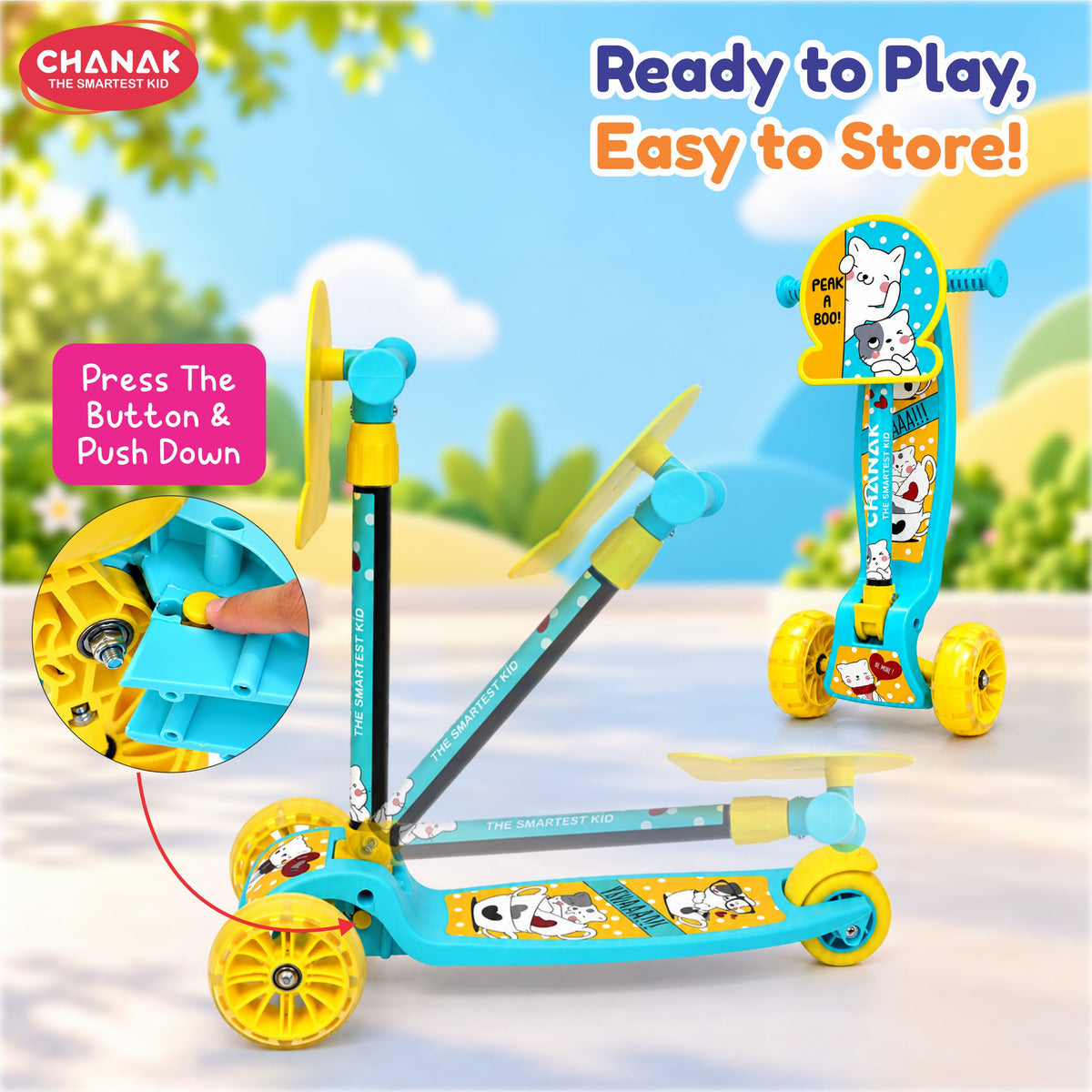 Chanak 3 Wheel Kick Scooter for Kids, Adjustable Handlebar Kids Scooter with LED Wheels & Rear Brake, Ergonomic Grips with Foldable Design, Up to 50 kg, Skating Cycle for Boys & Girls 3Y+, Yellow