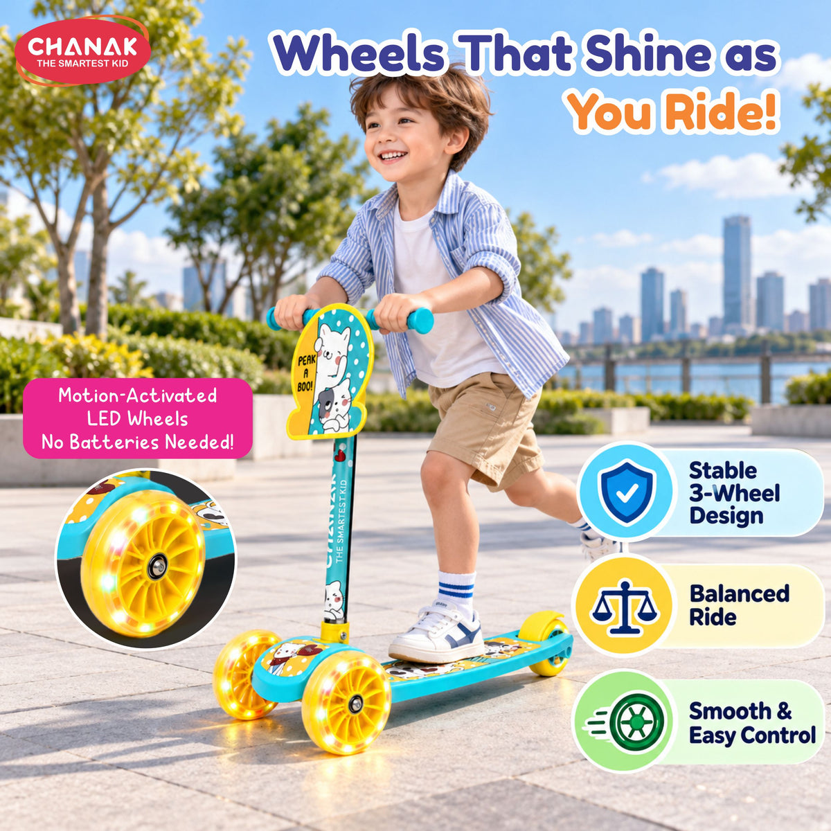 Chanak 3 Wheel Kick Scooter for Kids, Adjustable Handlebar Kids Scooter with LED Wheels & Rear Brake, Ergonomic Grips with Foldable Design, Up to 50 kg, Skating Cycle for Boys & Girls 3Y+, Yellow