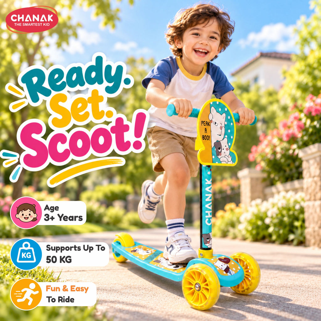 Chanak 3 Wheel Kick Scooter for Kids, Adjustable Handlebar Kids Scooter with LED Wheels & Rear Brake, Ergonomic Grips with Foldable Design, Up to 50 kg, Skating Cycle for Boys & Girls 3Y+, Yellow