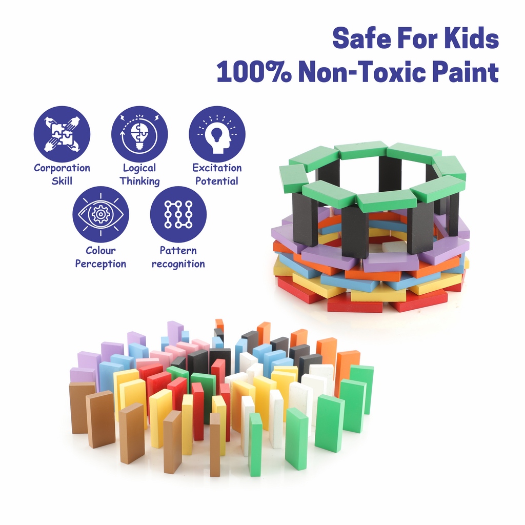 Chanak Wooden Domino Blocks for Kids 3+ Years | 100 Pcs Colourful Stacking Building Blocks – BIS Approved