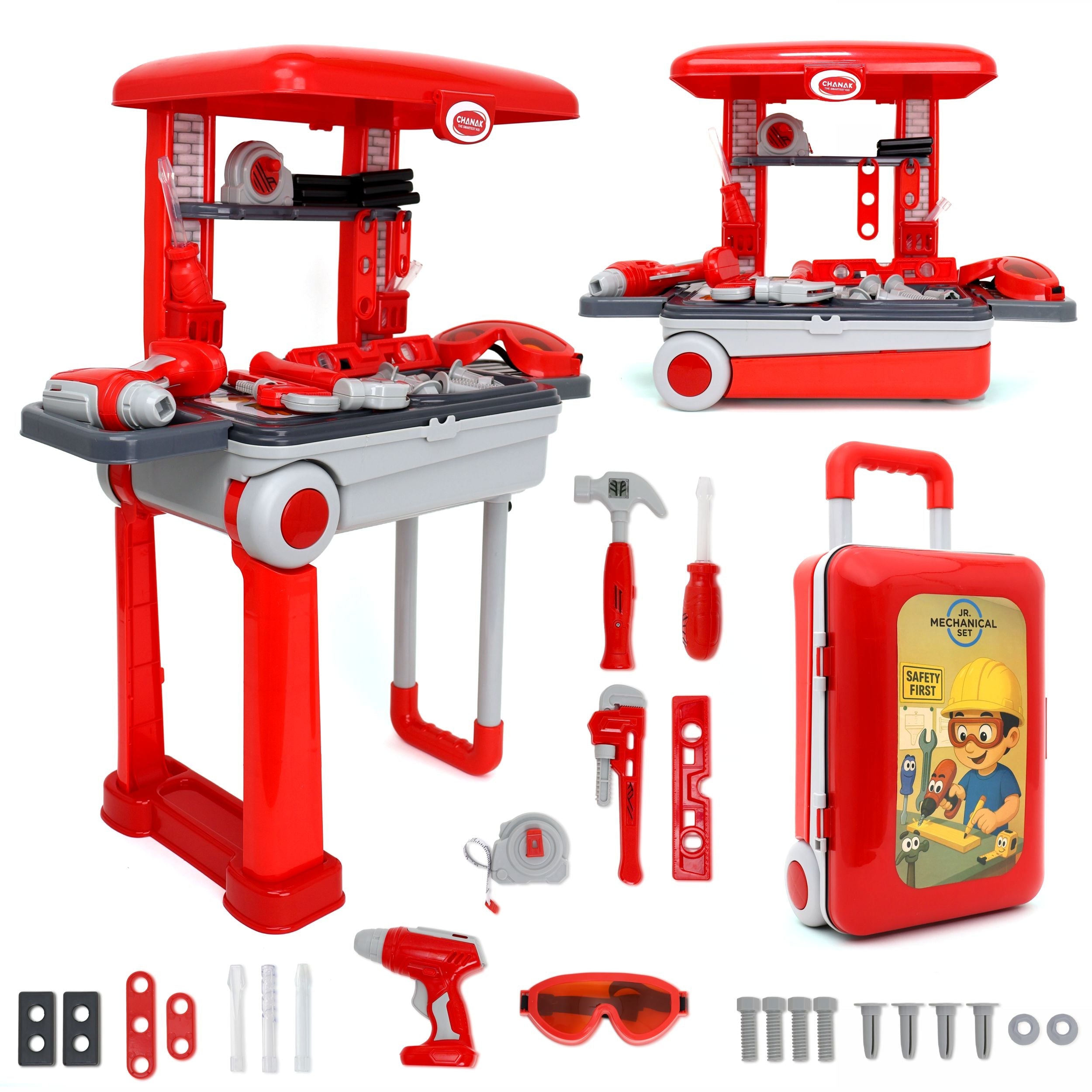 Toy workbench set with tools and accessories on a white background