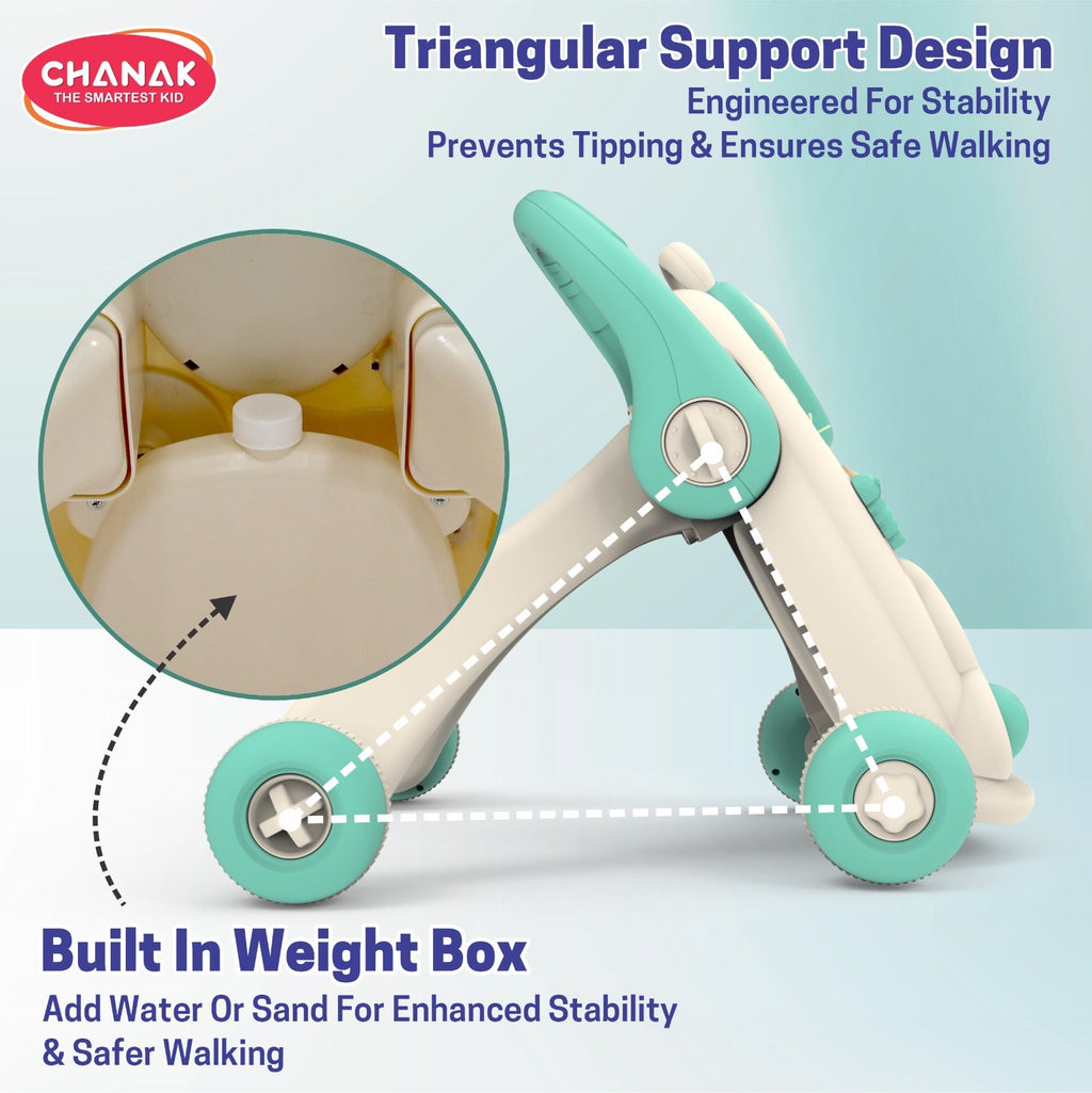 Chanak Happy Feet Baby Walker for 9+ Months, Adjustable Speed, Anti-Slip Wheels, Music & Activity Center, BPA-Free, Stable Design with Water Tank, Interactive Push Walker for Baby Boys & Girls chanak