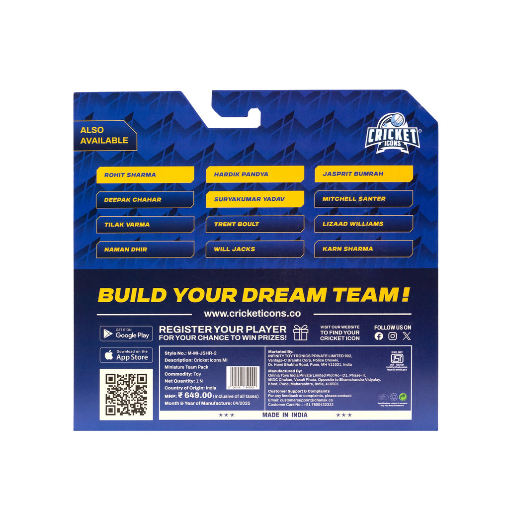 Chanak Cricket Icons Action Figure Assorted Mumbai Indians Collectible Miniature, IPL Edition with 360° Rotatable Head, MI Cricket Player for Fans & Kids, Gift & Collectors Pack of 4 chanak
