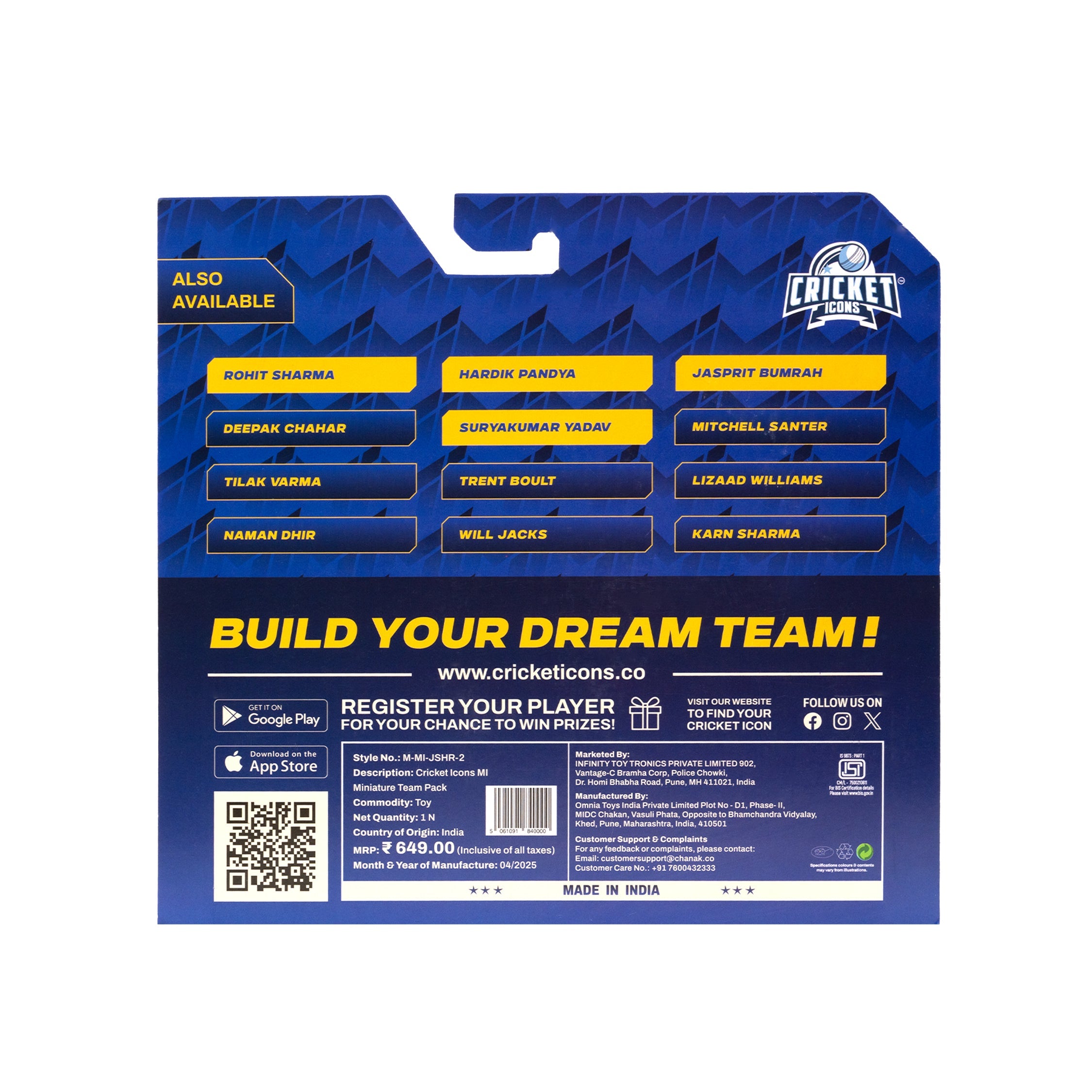 Chanak Cricket Icons Action Figure Assorted Mumbai Indians Collectible Miniature, IPL Edition with 360° Rotatable Head, MI Cricket Player for Fans & Kids, Gift & Collectors Pack of 4 chanak