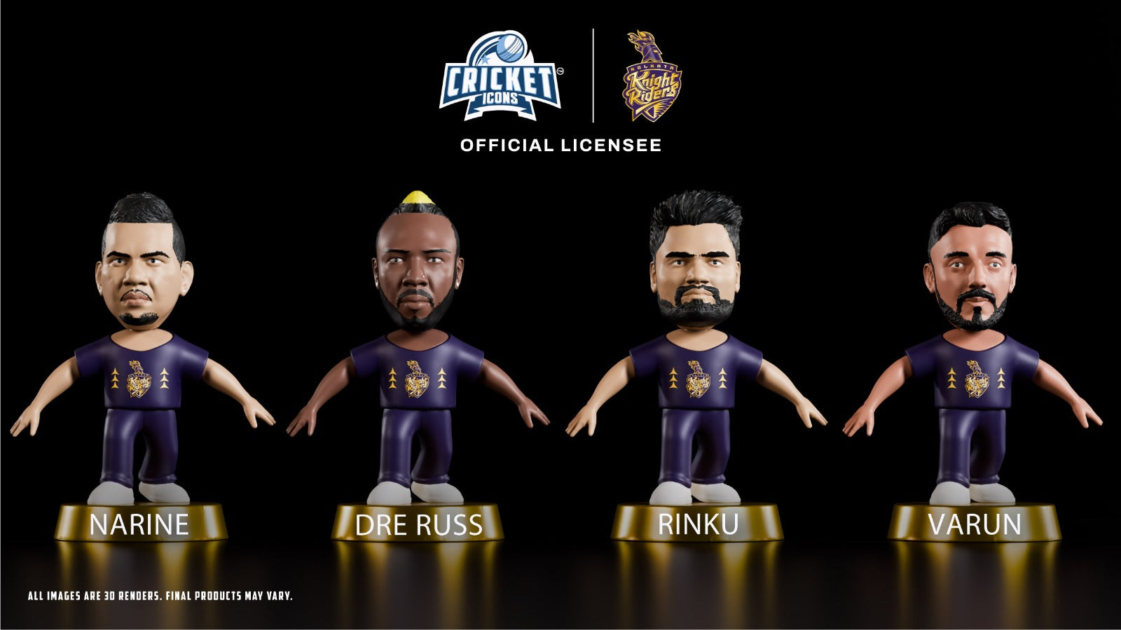 Chanak Cricket Icons Action Figure Assorted Kolkata Knight Riders Collectible Miniature, IPL Edition 360° Rotatable Head, KKR Cricket Player for Fans & Kids, Perfect Gift & Collectors Pack of 4 chanak