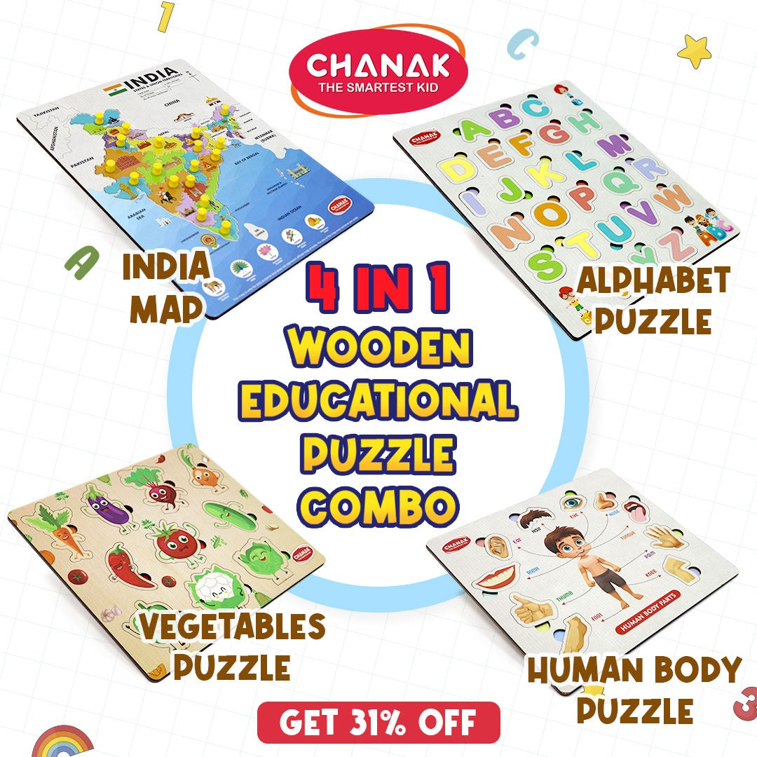 Chanak 4-in-1 Wooden Educational Puzzle Combo – Human Body, Alphabet, Vegetables & India Map – Montessori Learning Set for Toddlers & Preschoolers Age 2+ Aditi Toys Pvt. Ltd.