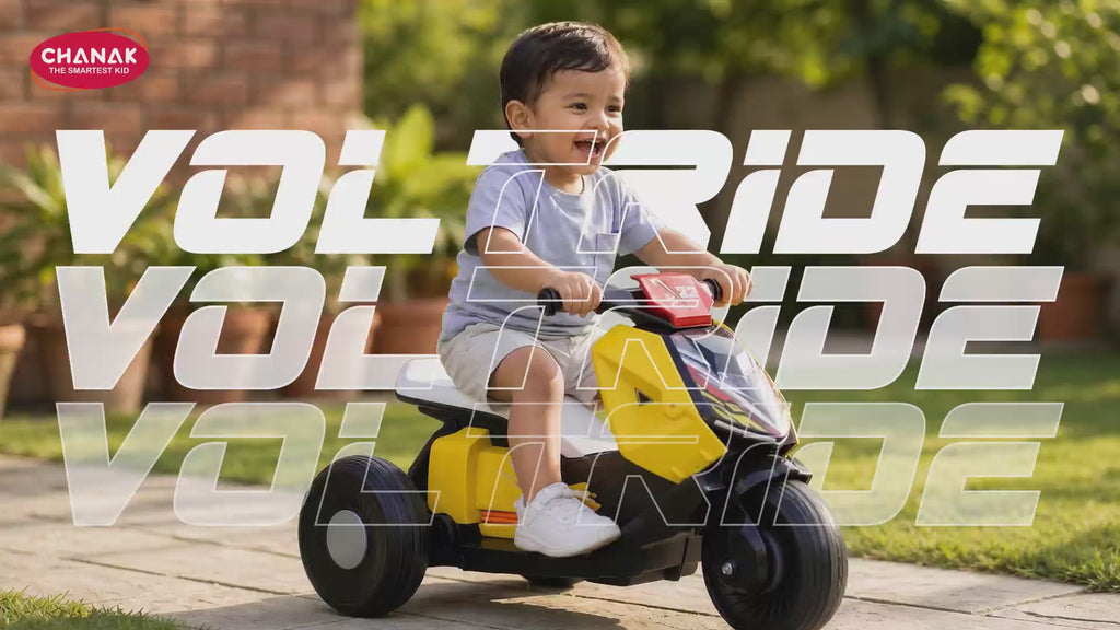 Chanak Electric Scooty for Kids 3+ Years | 6V Rechargeable 3-Wheel Ride-On with Heavy Duty Tyres – BIS Approved (Yellow)