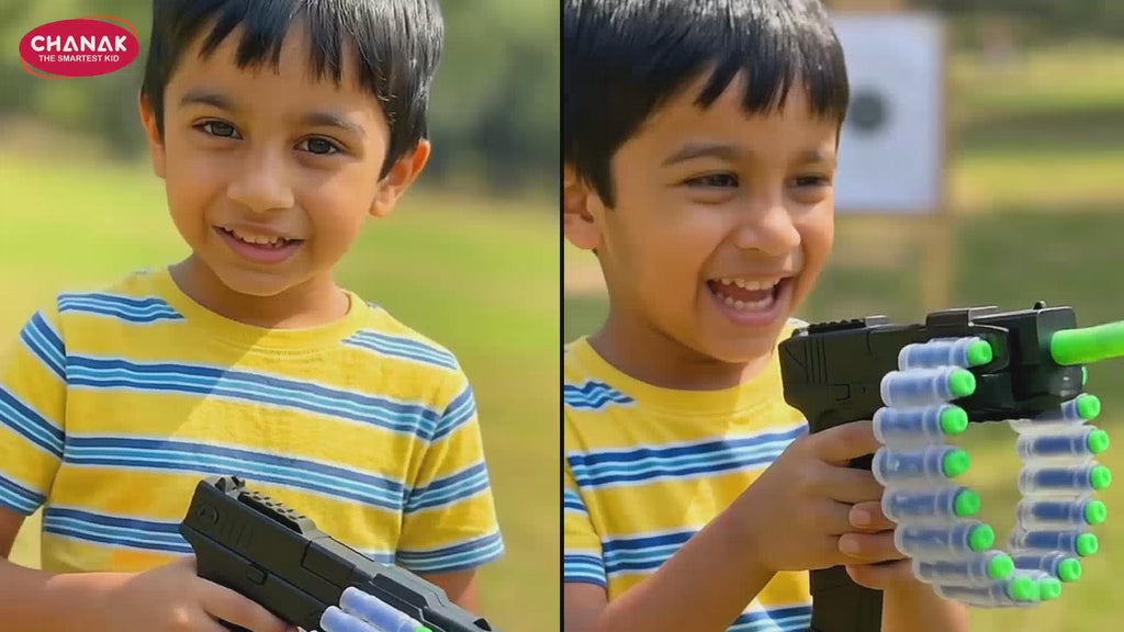 Chanak Automatic Dart Gun for Kids 3+ Years | 30 Rapid Fire Foam Bullets with Rechargeable Briefcase – BIS Approved