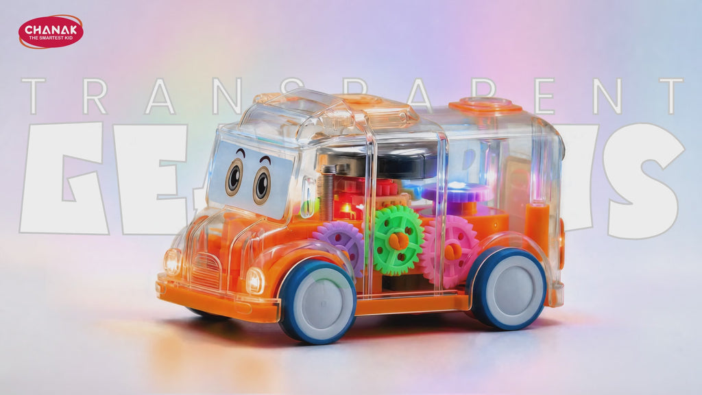 Chanak Transparent Gear Bus Toy for Kids 3+ Years | Tinkling Sound & Light Mini School Bus – BIS Approved (Orange)