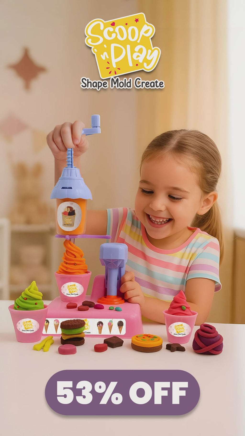 Chanak Play Dough Ice Cream Maker Set, Safe Non-Toxic Dough Kitchen Ice Cream Maker Including 6 Color Dough Tubes Each 50g For Boys Girls, Above 3+ Age